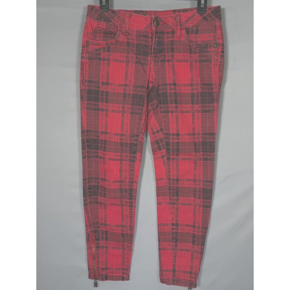 Love Too True Red Plaid Skinny Zipper Ankle Pants Women's Size 7‎